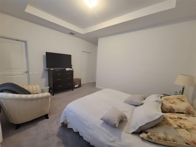 bedroom with a tray ceiling and carpet flooring