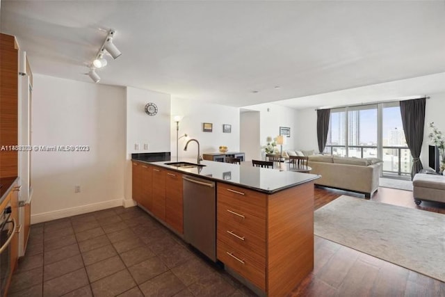 kitchen featuring track lighting, dark tile flooring, dishwasher, and sink