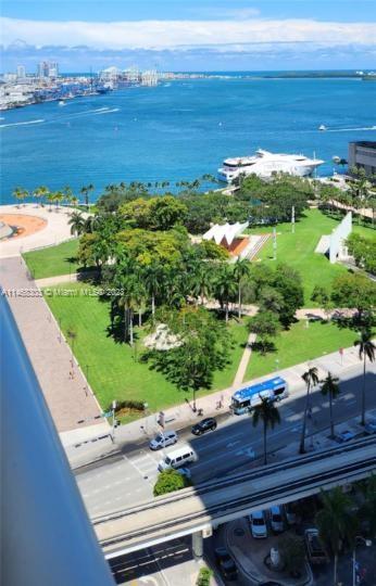 bird's eye view with a water view