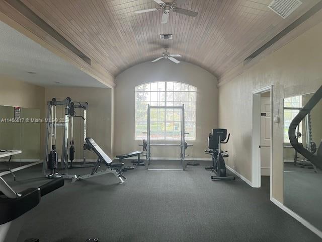 workout area with lofted ceiling, dark colored carpet, ceiling fan, and a healthy amount of sunlight