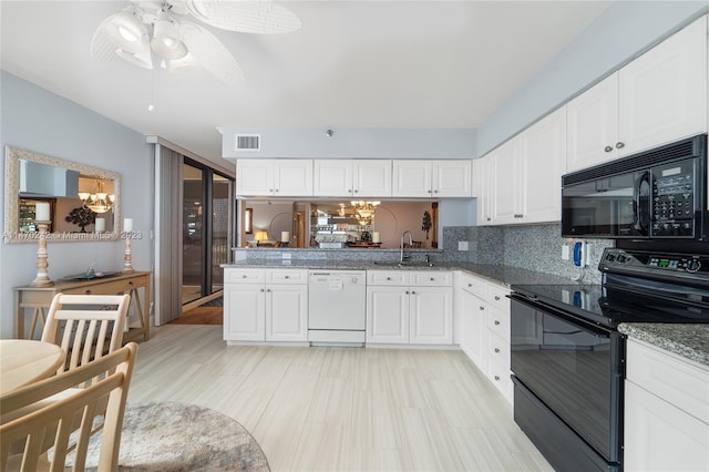 kitchen featuring white cabinetry, sink, ceiling fan, decorative backsplash, and black appliances