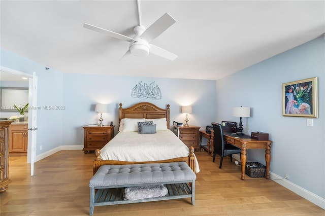 bedroom featuring ceiling fan and light wood-type flooring