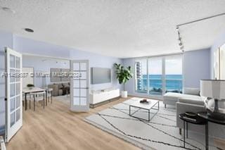 living room with french doors, rail lighting, a textured ceiling, and light wood-type flooring