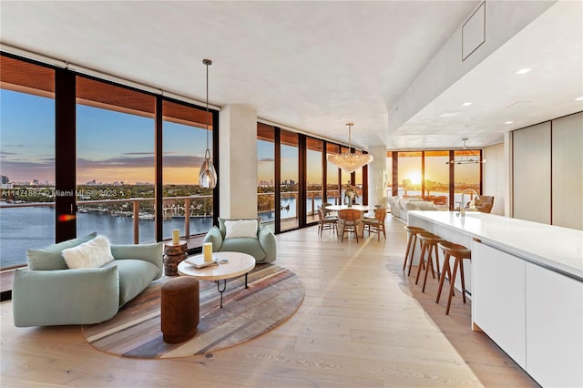 living room featuring a chandelier, light hardwood / wood-style floors, a water view, and a wall of windows