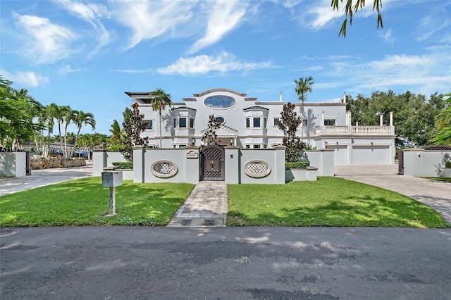 view of front facade with driveway, a front yard, a gate, and stucco siding