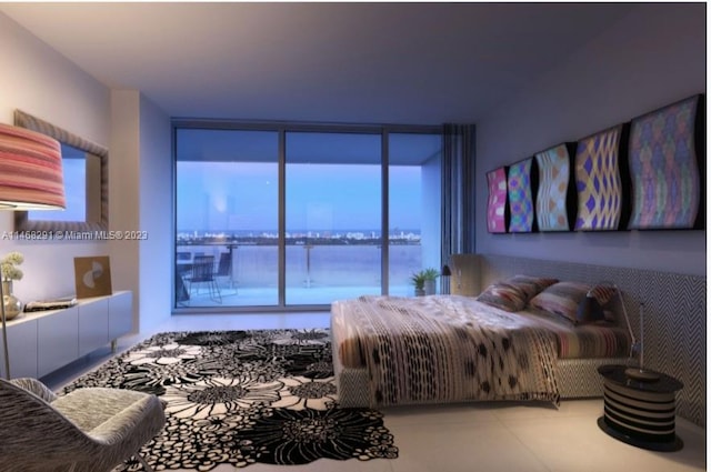 bedroom featuring light tile floors, access to outside, multiple windows, and a water view