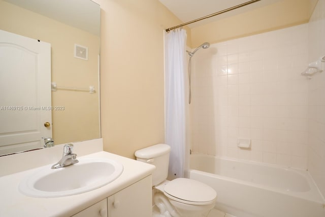 full bathroom with tile patterned flooring, vanity, shower / bath combo, and toilet