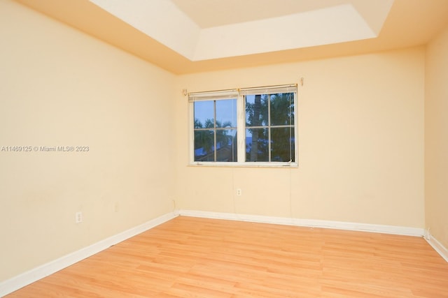 spare room featuring light hardwood / wood-style floors and a raised ceiling