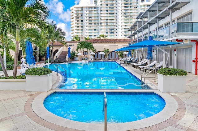 view of swimming pool with a patio