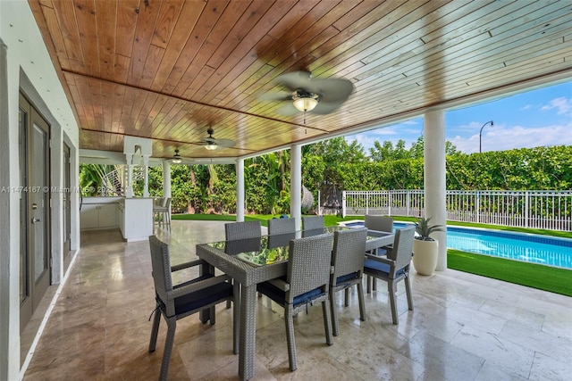 view of terrace featuring a fenced in pool and ceiling fan
