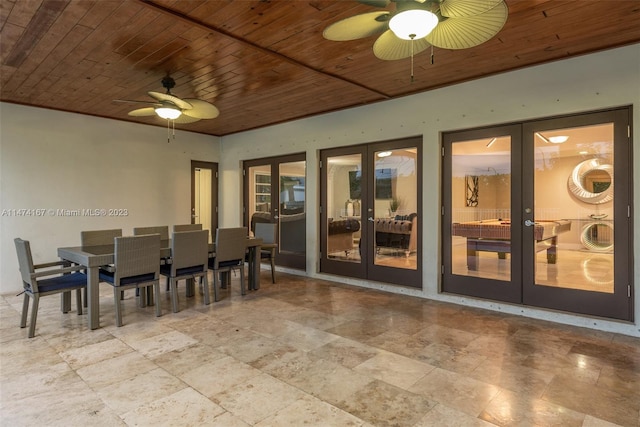 dining area with wooden ceiling, ceiling fan, and french doors