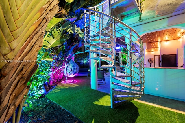 exterior space with wooden ceiling