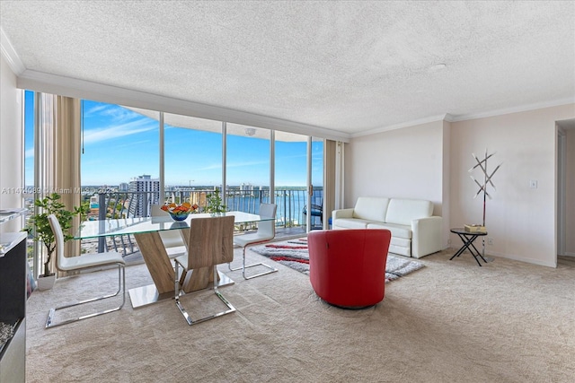 carpeted living room with a water view, a textured ceiling, and crown molding