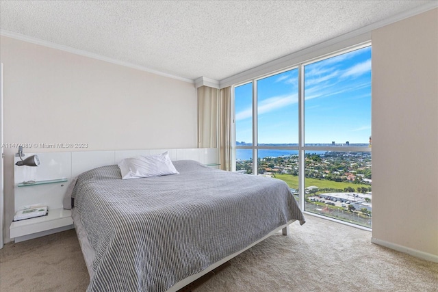 carpeted bedroom featuring a textured ceiling, crown molding, and a water view