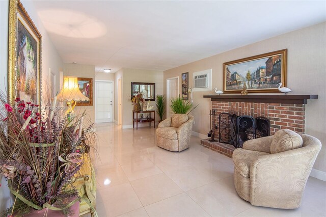 19720 SW 242nd Ter, Homestead, FL 33031 - living room with light tile floors, a wall unit AC, and a brick fireplace