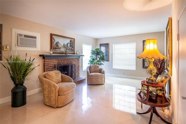 19720 SW 242nd Ter, Homestead, FL 33031 - sitting room with a wall mounted air conditioner, light tile floors, and a fireplace