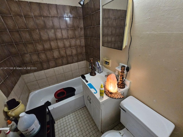 full bathroom with tiled shower / bath combo, tile patterned flooring, vanity, and toilet