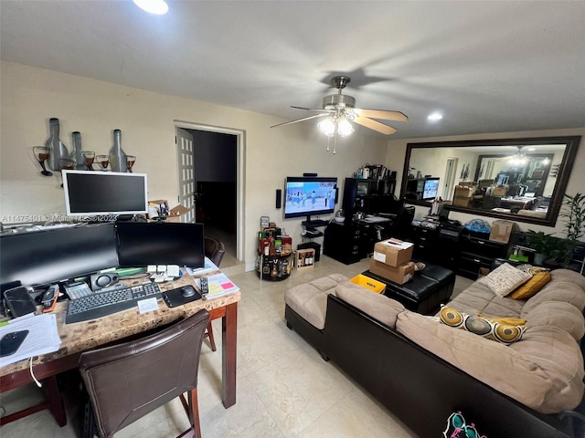 living room featuring light tile floors and ceiling fan