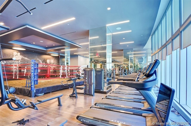 exercise room with a tray ceiling and light wood-type flooring