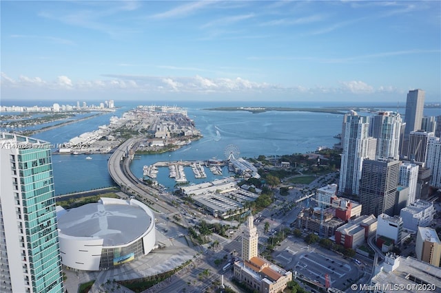 drone / aerial view with a water view