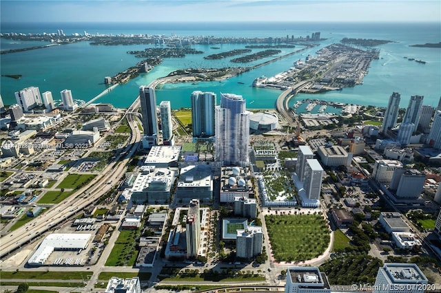 drone / aerial view with a water view