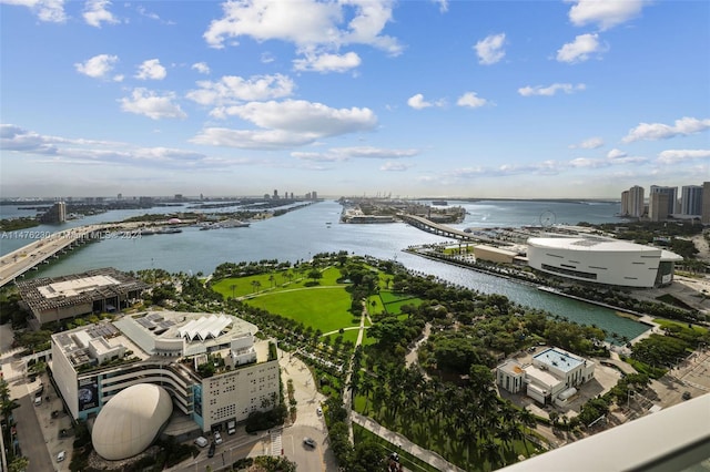 bird's eye view with a water view