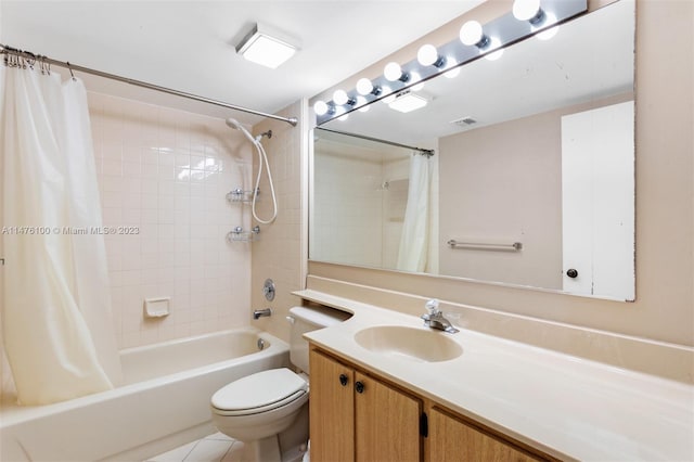 full bathroom featuring shower / tub combo, vanity, tile flooring, and toilet