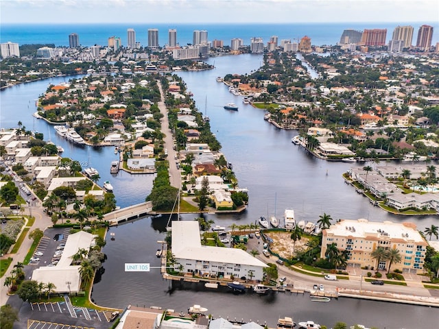 bird's eye view with a water view