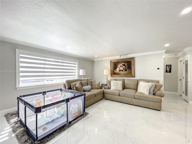 living room featuring ornamental molding, light tile floors, and a textured ceiling