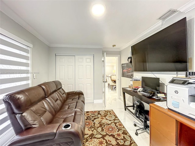 tiled living room with ornamental molding