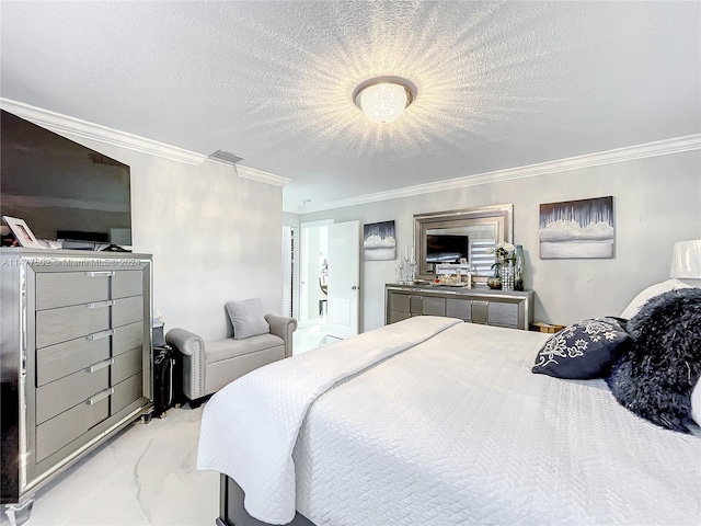 bedroom with a textured ceiling and crown molding