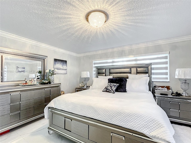 bedroom featuring ornamental molding and a textured ceiling