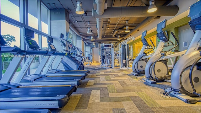 exercise room featuring dark carpet