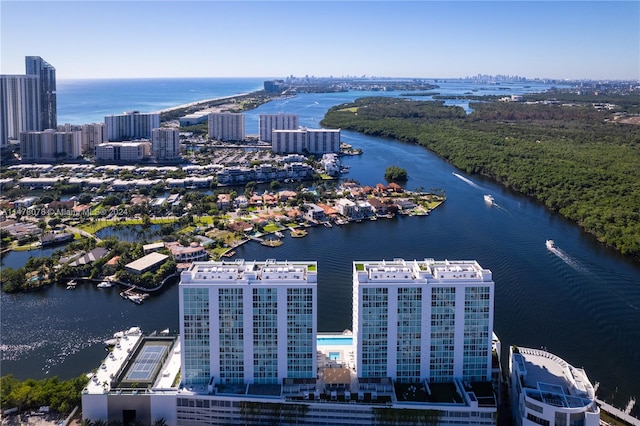 aerial view featuring a water view