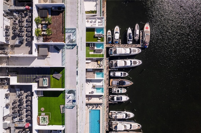 drone / aerial view featuring a water view