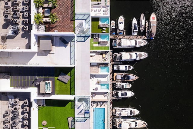 drone / aerial view featuring a water view