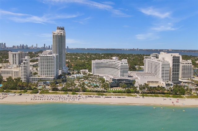 drone / aerial view with a water view and a view of the beach