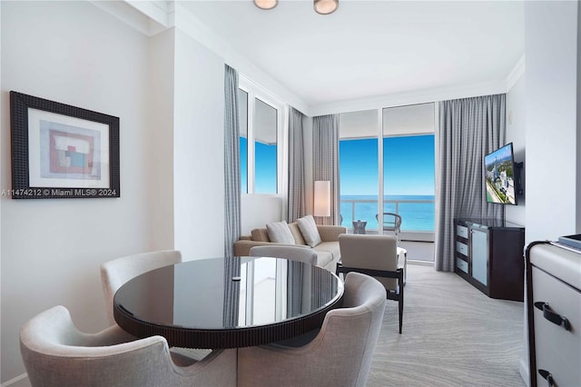 carpeted dining area featuring a water view and ornamental molding