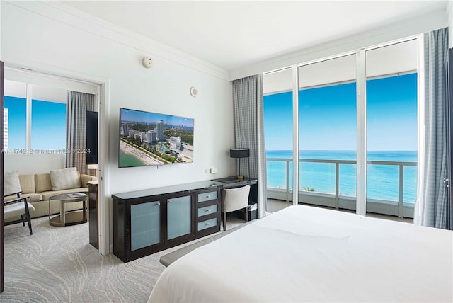 carpeted bedroom with a water view, access to exterior, and multiple windows