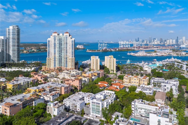 drone / aerial view featuring a water view