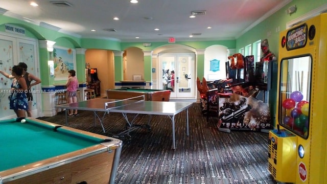 rec room with pool table, crown molding, french doors, and ornate columns