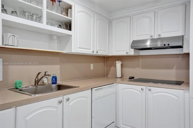 kitchen featuring black electric stovetop, white cabinets, sink, and dishwasher