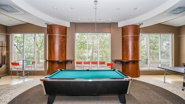 playroom with vaulted ceiling, a wealth of natural light, and billiards