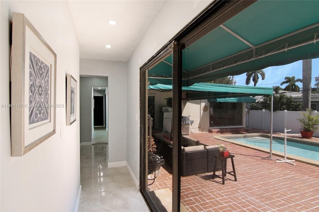 view of terrace featuring a fenced in pool