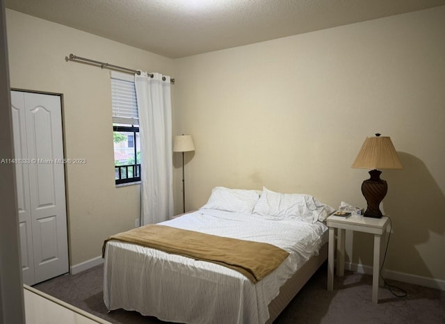 bedroom featuring dark colored carpet and a closet