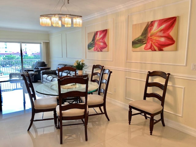 dining area featuring crown molding, an inviting chandelier, and light tile floors