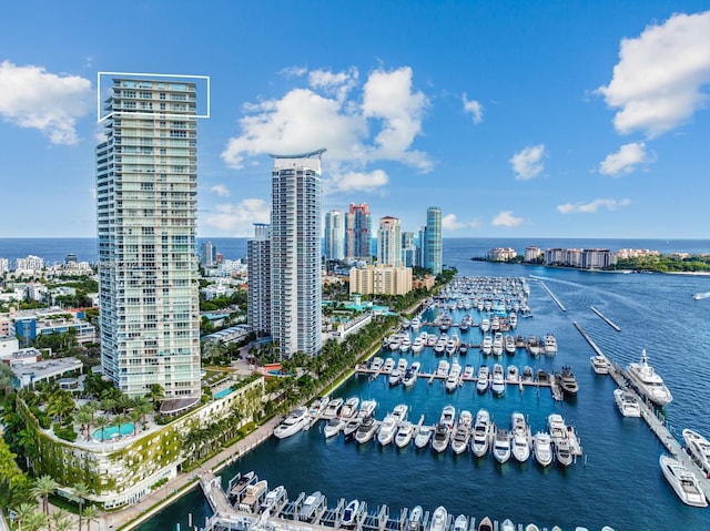 drone / aerial view featuring a water view