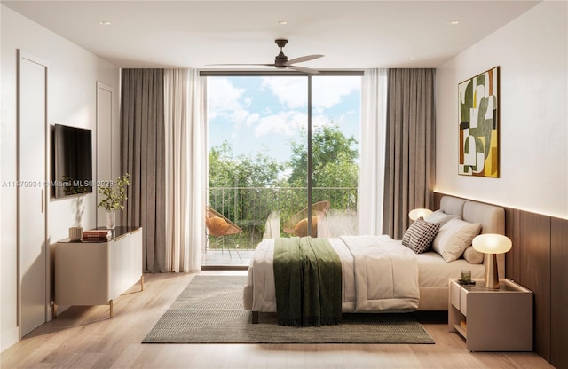 bedroom featuring access to exterior, ceiling fan, a wall of windows, and light hardwood / wood-style flooring