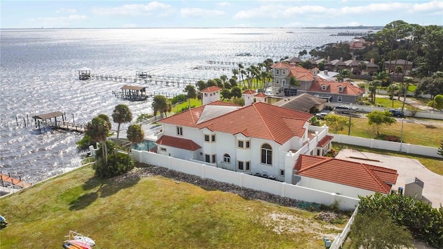 aerial view featuring a water view