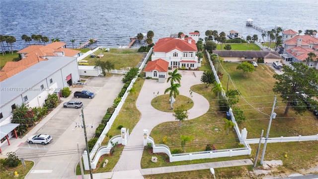 aerial view featuring a water view